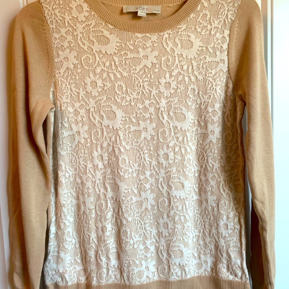 LOFT tan sweater with cream lace overlay. SP